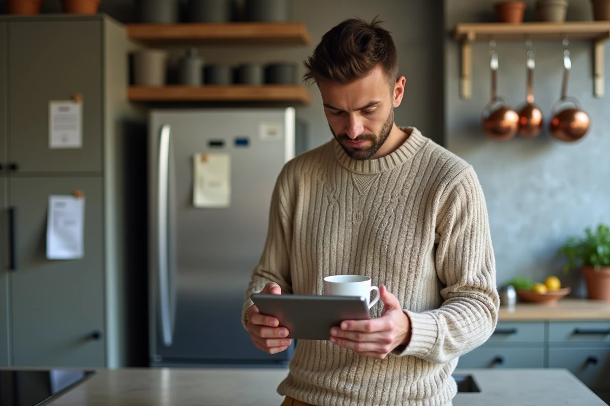 Homme consultant une calculatrice d'intérêts composés corrigés de l'inflation sur une tablette à la maison