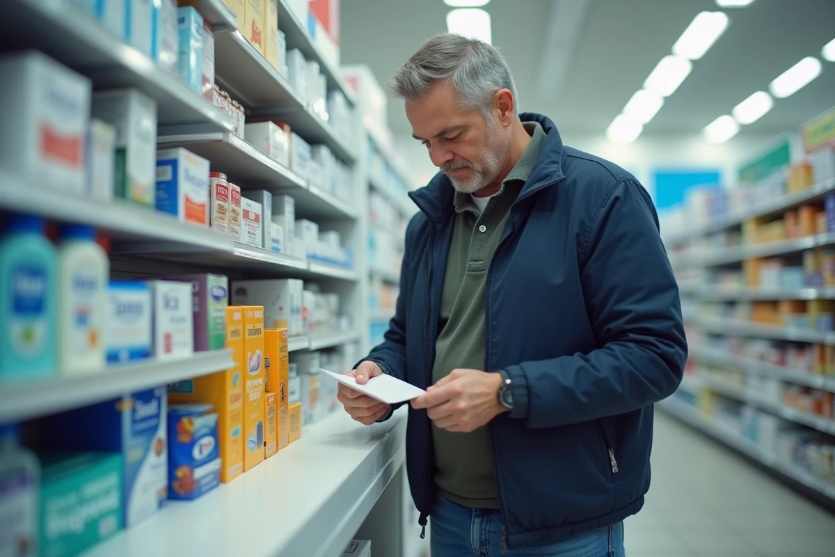 Homme comparant les prix de produits en pharmacie avec une liste de courses manuscrite
