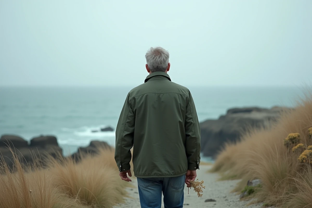 Homme de dos face à la mer tenant une fleur séchée, évoquant le lâcher-prise et la libération des souvenirs passés