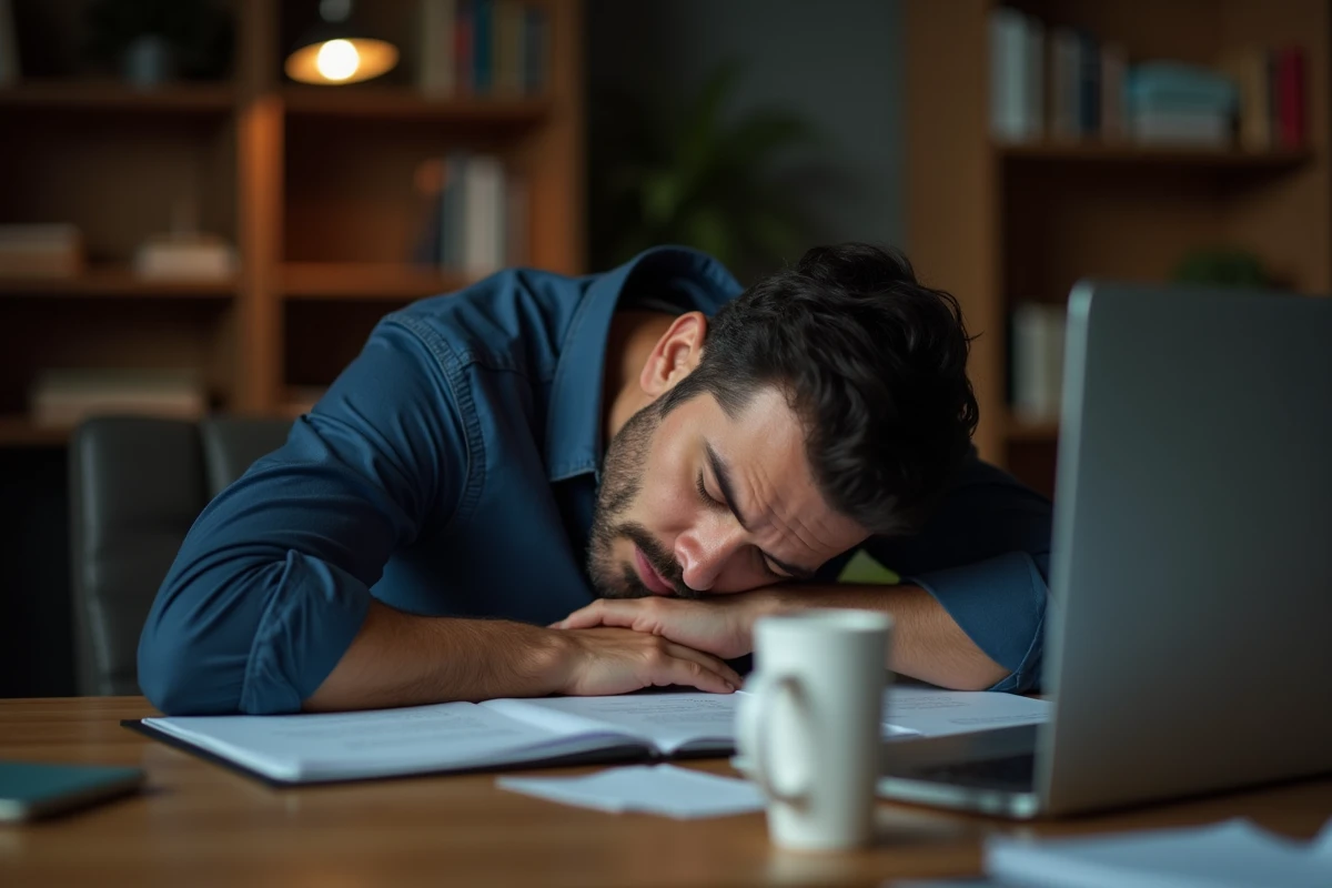 Homme endormi sur son bureau de travail par manque de sommeil, tasse de café et ordinateur portable visibles