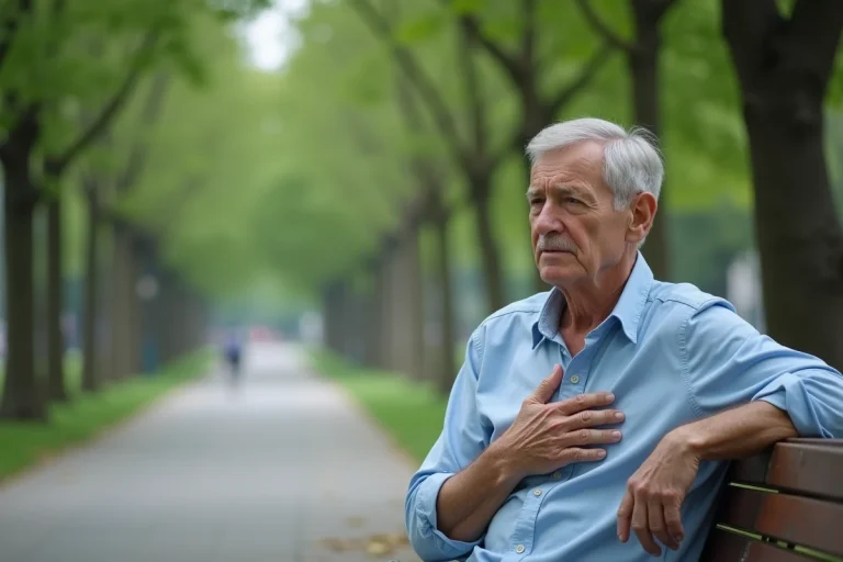Homme âgé essoufflé sur un banc de parc, main sur la poitrine, illustrant un essoufflement d'origine cardiaque ou pulmonaire