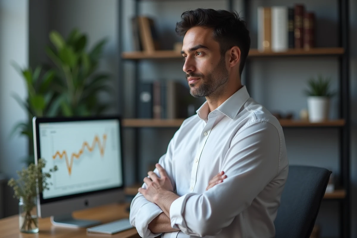Homme analysant un graphique de baisse de l'épargne sur ordinateur dans un bureau à domicile, illustrant l'érosion du pouvoir d'achat par l'inflation
