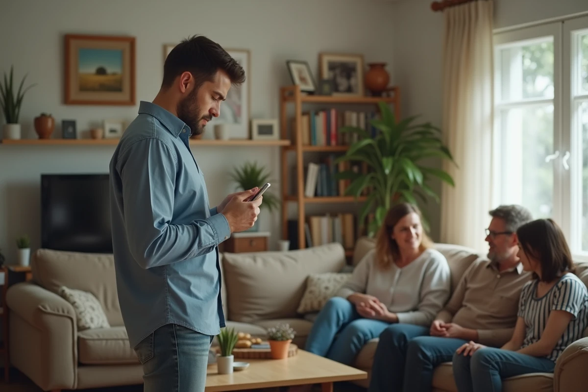 Homme isolé lors d'une réunion familiale, regardant son téléphone pour éviter l'interaction dans un salon familial