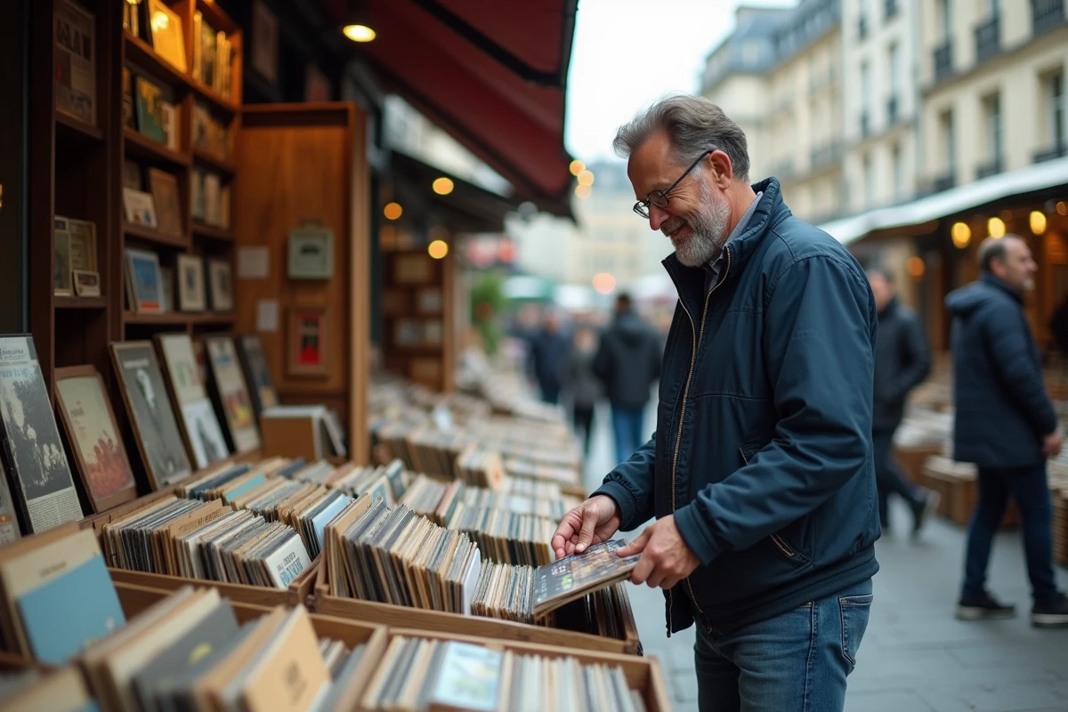 Homme français cherchant des vinyles anciens dans un marché aux puces parisien