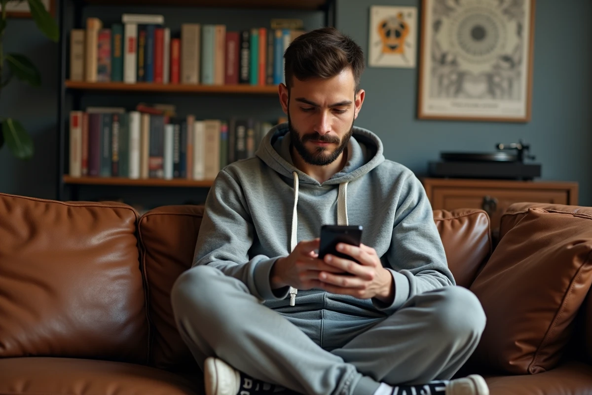 Homme millennial trentenaire sur son canapé en cuir consultant son smartphone dans son appartement
