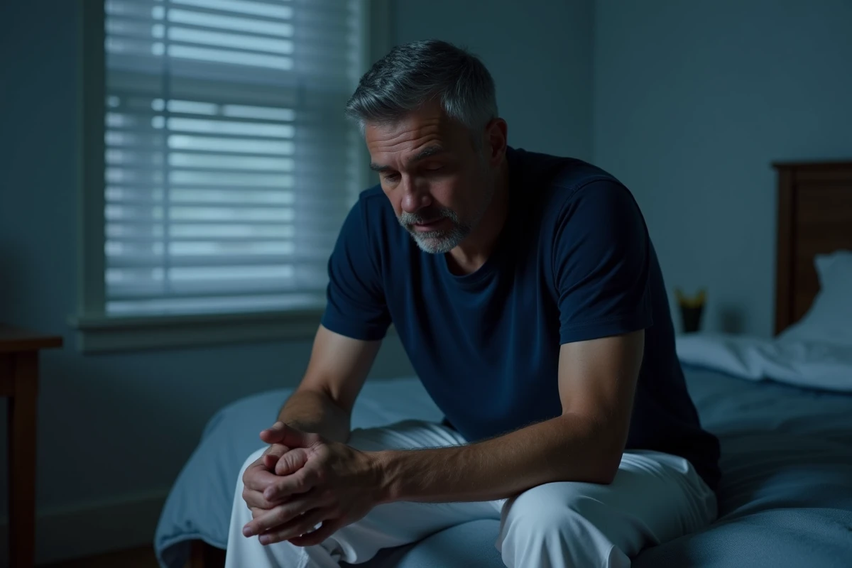Homme assis au bord du lit réveillé en pleine nuit vers 4 heures du matin pensif