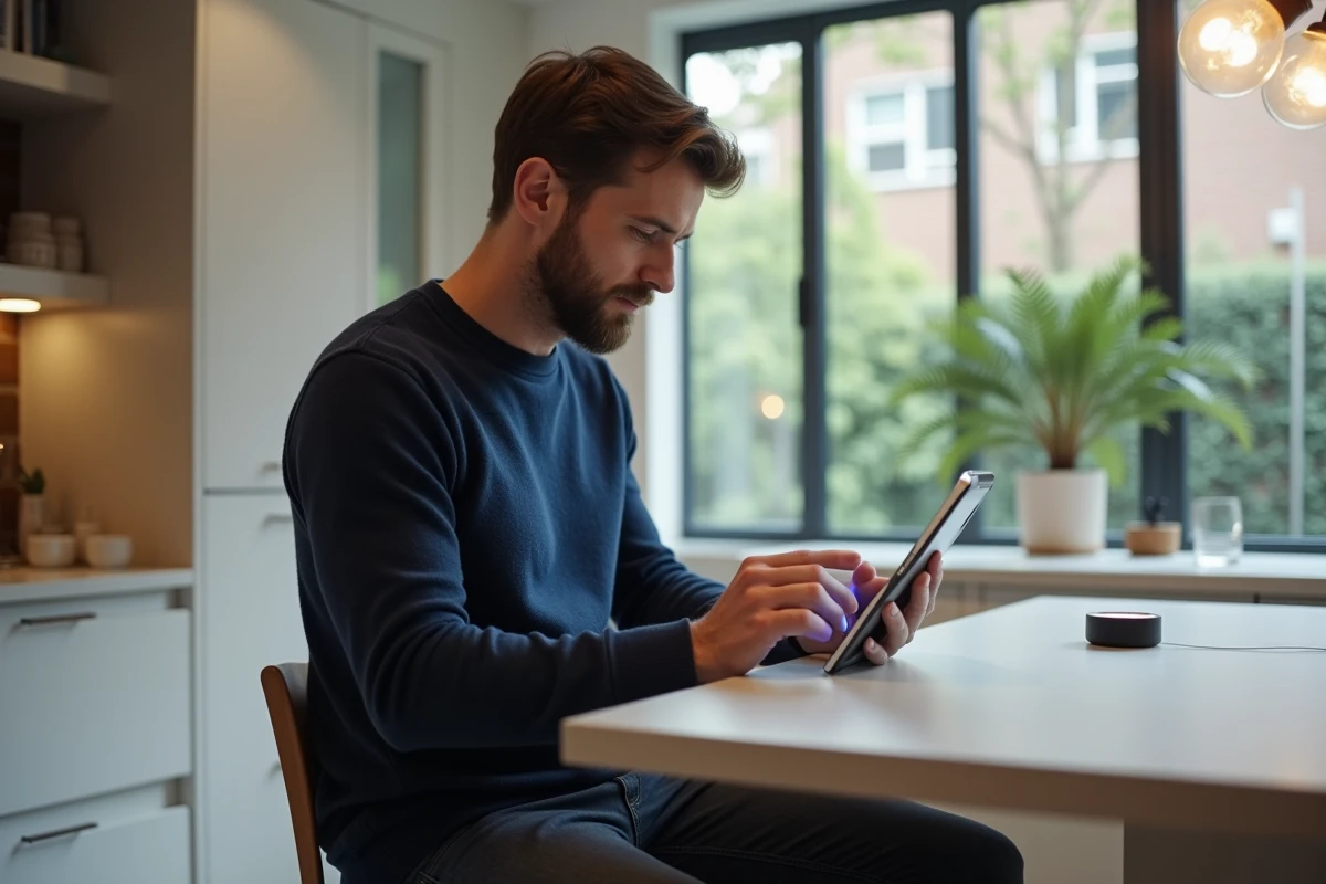 Homme contrôlant des appareils IoT de maison connectée depuis une tablette dans une cuisine moderne