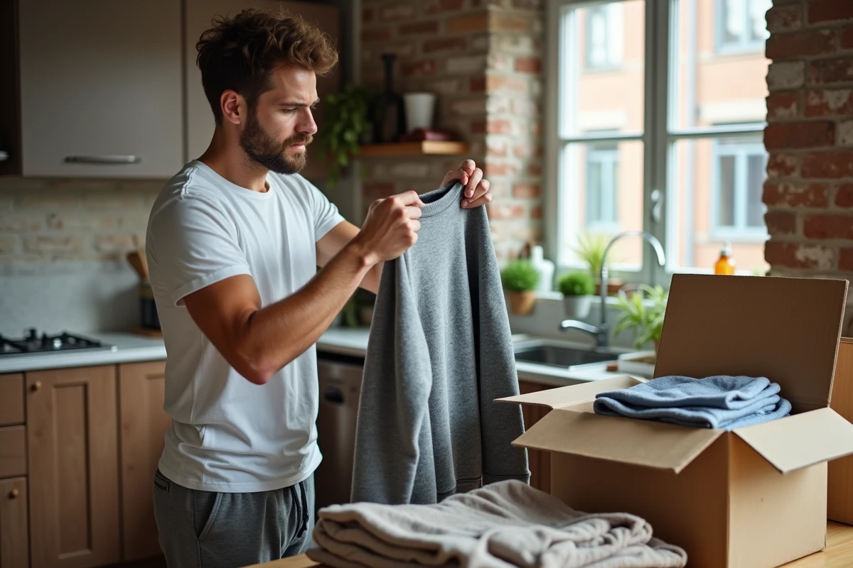 Homme triant des vêtements de seconde main dans des cartons à son domicile pour les revendre
