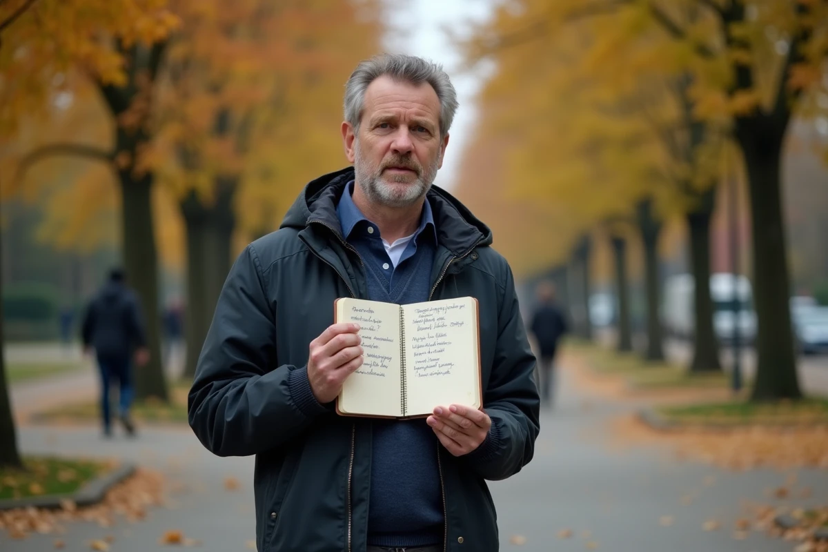 Homme tenant un carnet de valeurs personnelles dans un parc urbain en automne avec une expression réfléchie
