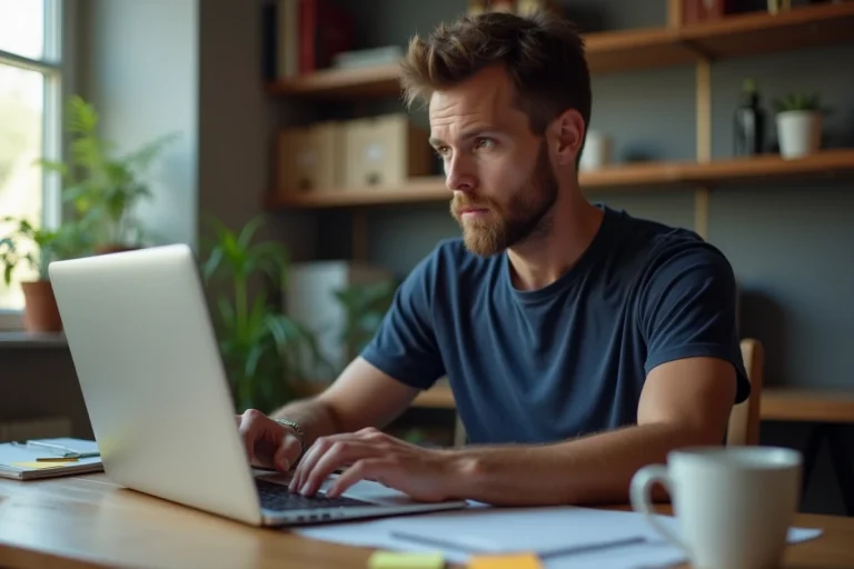 Homme utilisant un VPN gratuit sur son ordinateur portable dans un bureau à domicile
