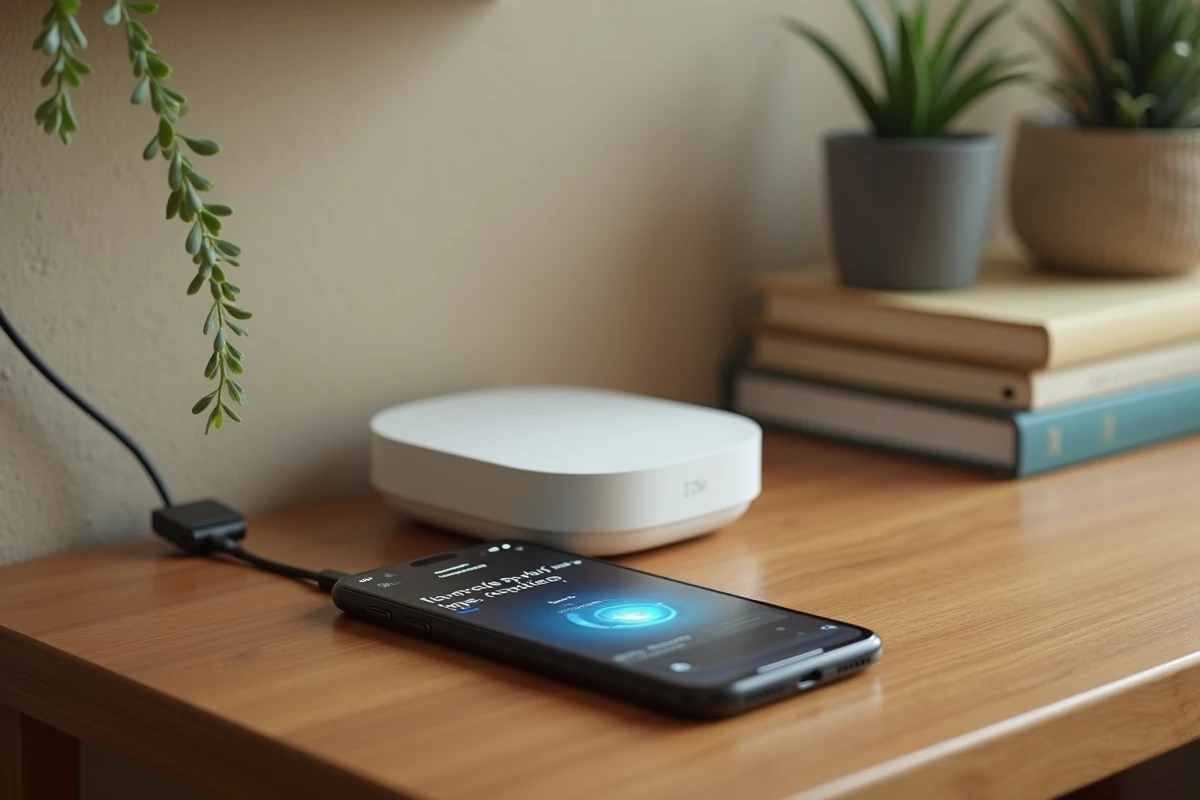 Gros plan d'un hub domotique et d'un smartphone affichant une application de maison intelligente IoT