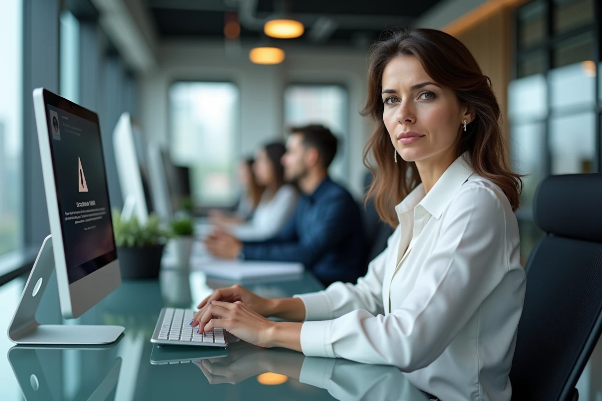 Femme professionnelle face à un message d'erreur sur son ordinateur en entreprise, illustrant les restrictions et blocages liés à l'utilisation d'un VPN