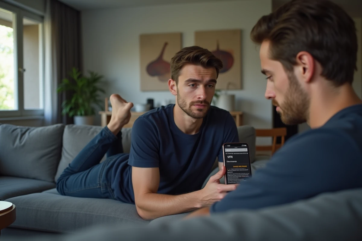 Jeune homme regardant un avertissement de confidentialité sur une application VPN sur smartphone, évoquant les risques de sécurité et de vie privée liés aux VPN