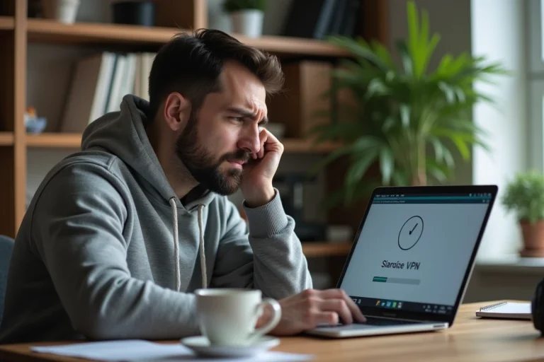 Homme frustré devant un ordinateur portable affichant une connexion VPN lente, symbolisant les inconvénients d'un VPN en termes de vitesse