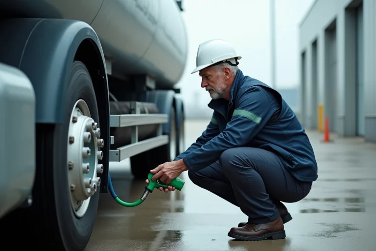 Ingénieur inspectant une connexion de ravitaillement en hydrogène sur un camion à une station industrielle