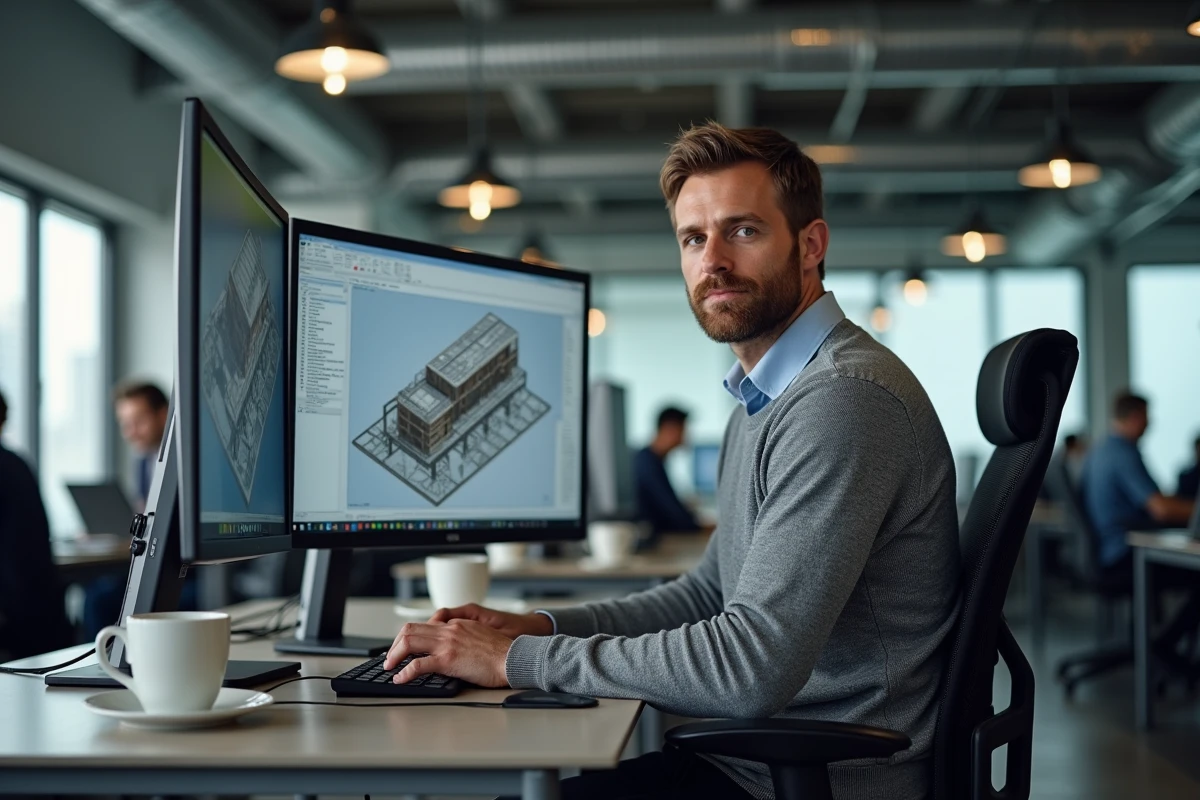 Ingénieur en structure travaillant sur des logiciels BIM dans un bureau d'ingénierie moderne, métier du bâtiment à haut salaire
