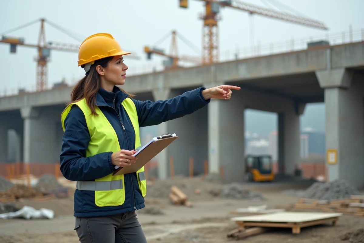 Ingénieure en génie civil sur un chantier de construction avec casque de sécurité, représentant les métiers du bâtiment les mieux payés