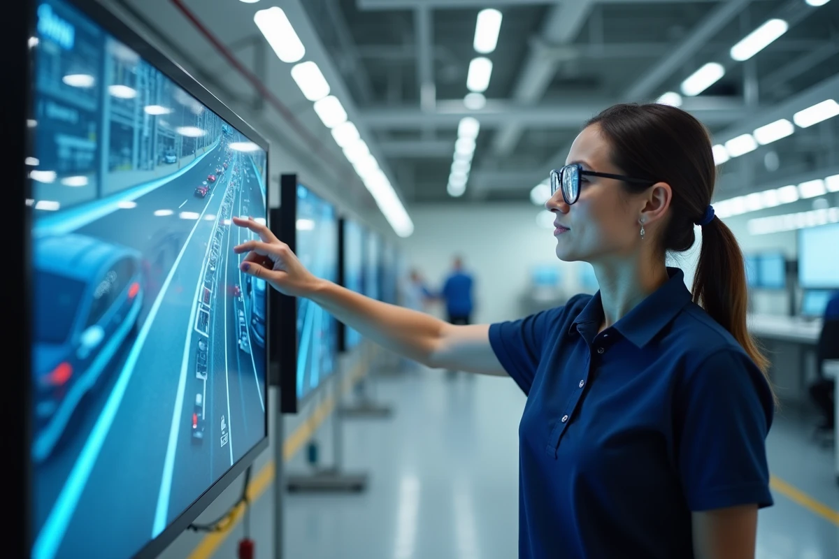 Ingénieure analysant des données de conduite autonome sur un écran de supervision dans un laboratoire automobile
