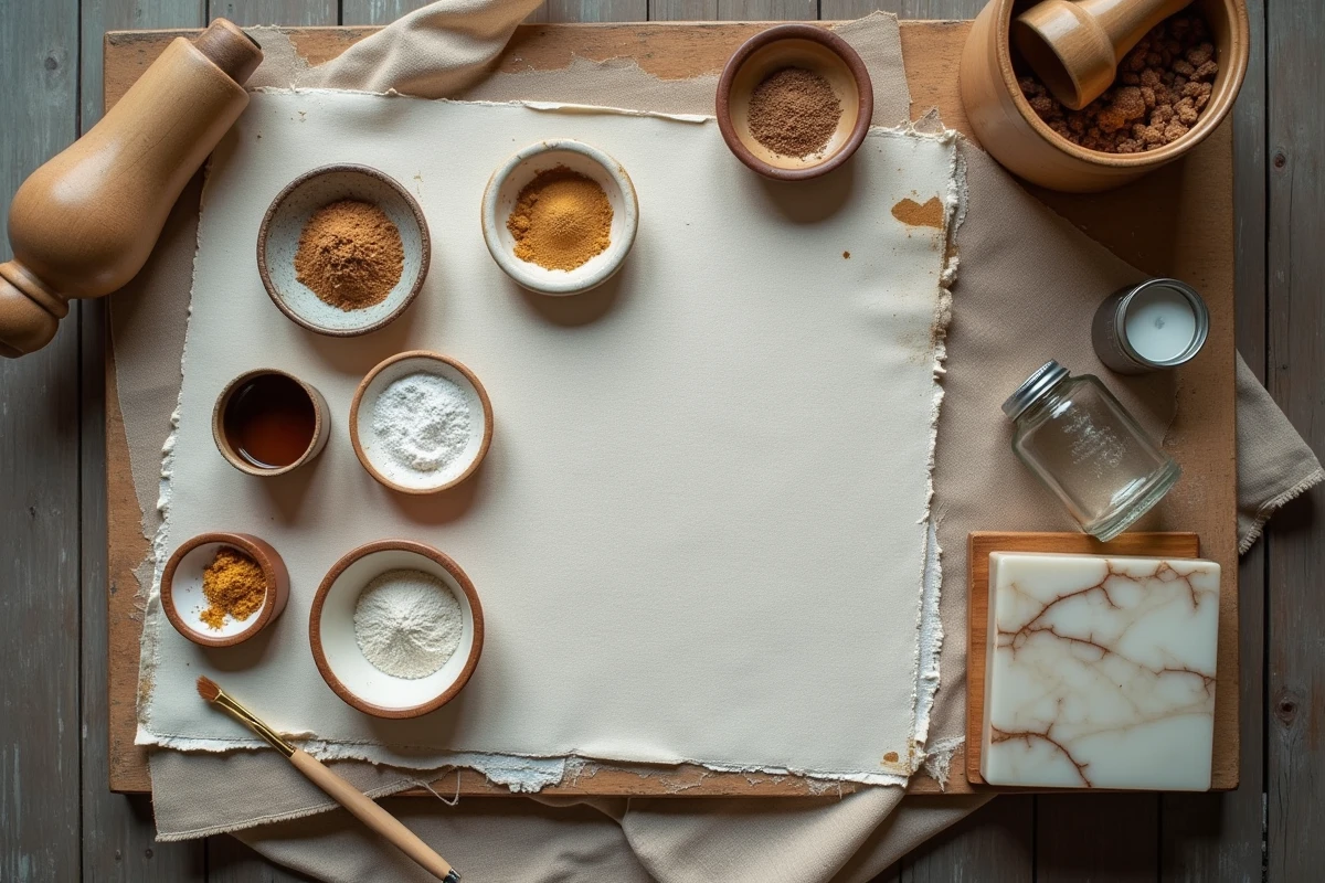 Vue aérienne des ingrédients traditionnels de peinture à l'huile incluant pigments, huile de lin et vernis sur toile de lin