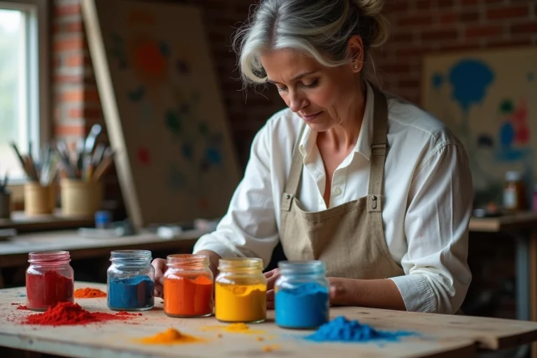 Artiste examinant des pigments naturels en poudre dans des bocaux en verre sur un établi d'atelier de peinture