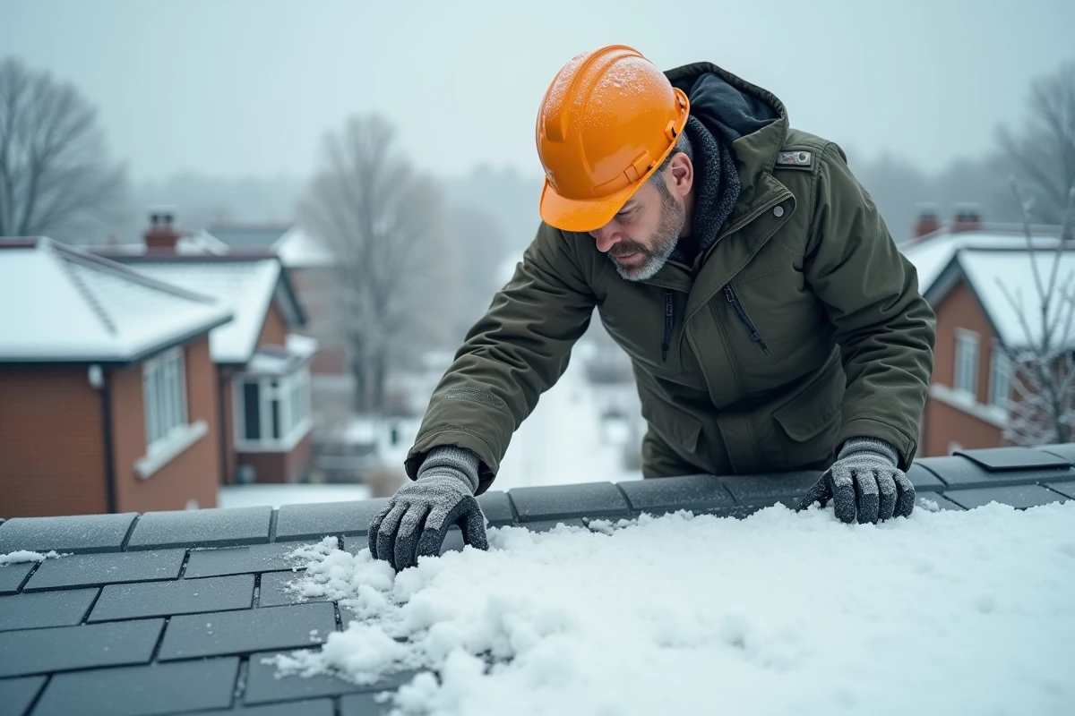Inspecteur de bâtiment évaluant l'accumulation de neige sur un toit en ardoise d'une maison résidentielle en hiver