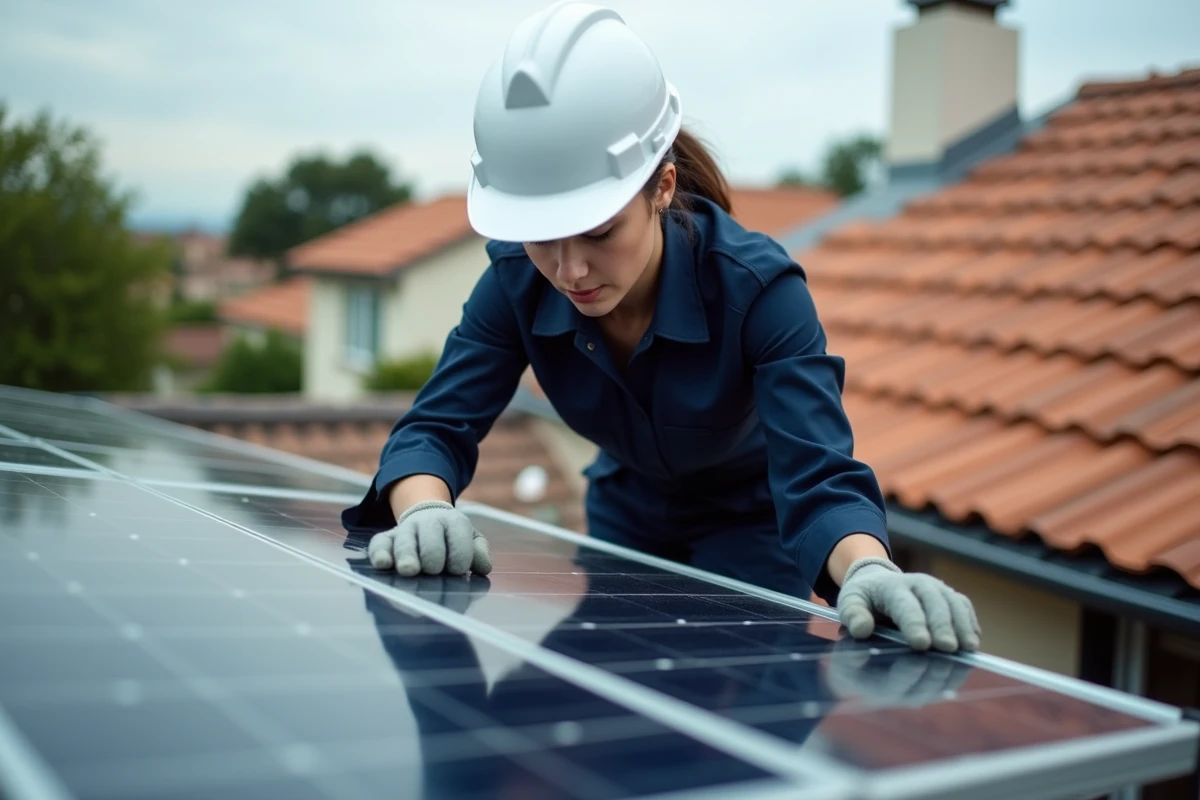 Technicienne installant des panneaux solaires photovoltaïques sur un toit de maison individuelle en rénovation énergétique