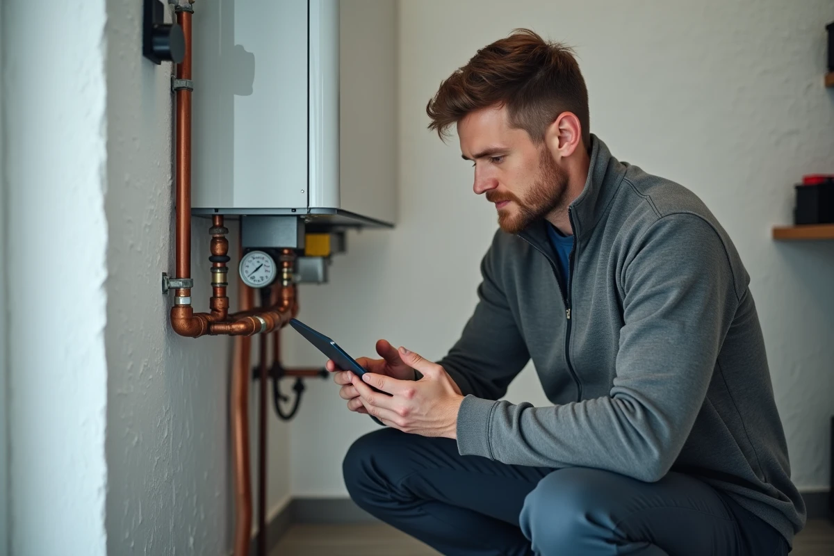 Technicien chauffagiste installant une pompe à chaleur murale dans une maison lors d'une rénovation énergétique