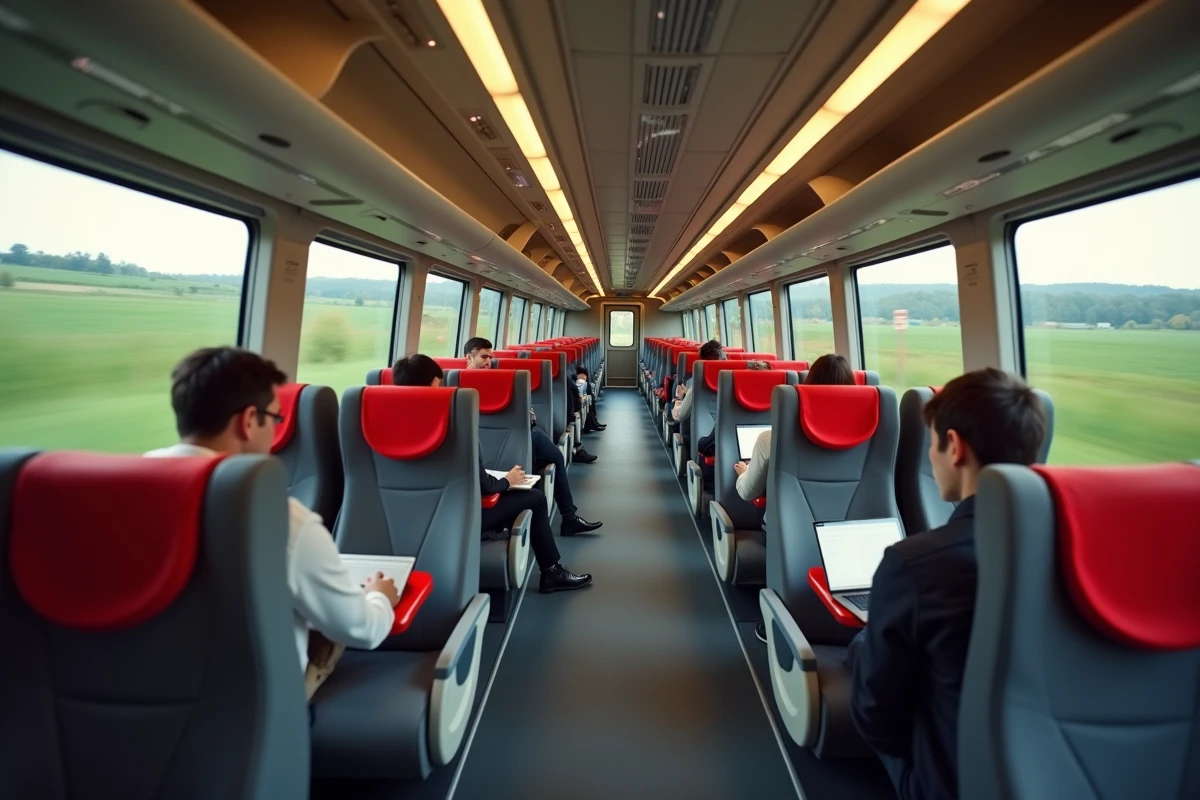 Intérieur moderne d'un TGV français avec passagers et paysage campagnard en mouvement visible par les fenêtres panoramiques