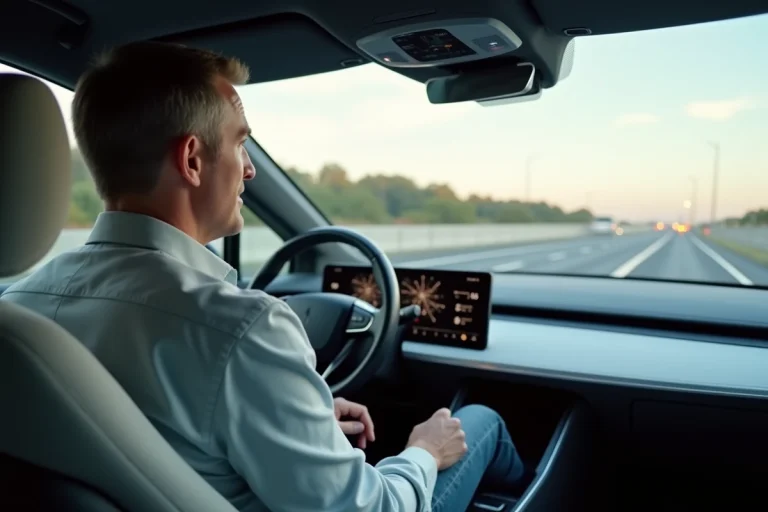 Homme en voiture autonome les mains sur les genoux pendant que le système de conduite automatisé pilote sur autoroute