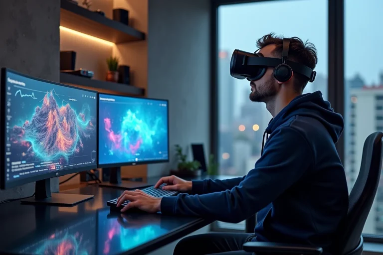 Homme portant un casque VR devant des écrans affichant des tableaux de bord d'investissement dans le métaverse