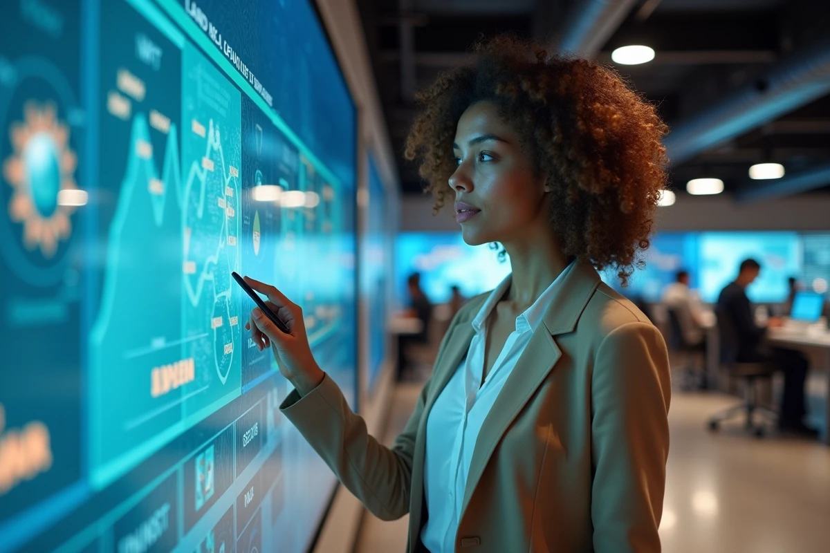 Femme en blazer analysant une interface de métaverse sur un écran interactif dans un espace de coworking
