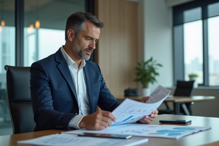 Investisseur professionnel en costume analysant des graphiques financiers dans un bureau moderne avec vue sur la ville