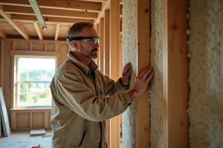 Artisan posant de la laine minérale entre des montants en bois lors de travaux d'isolation thermique par l'intérieur