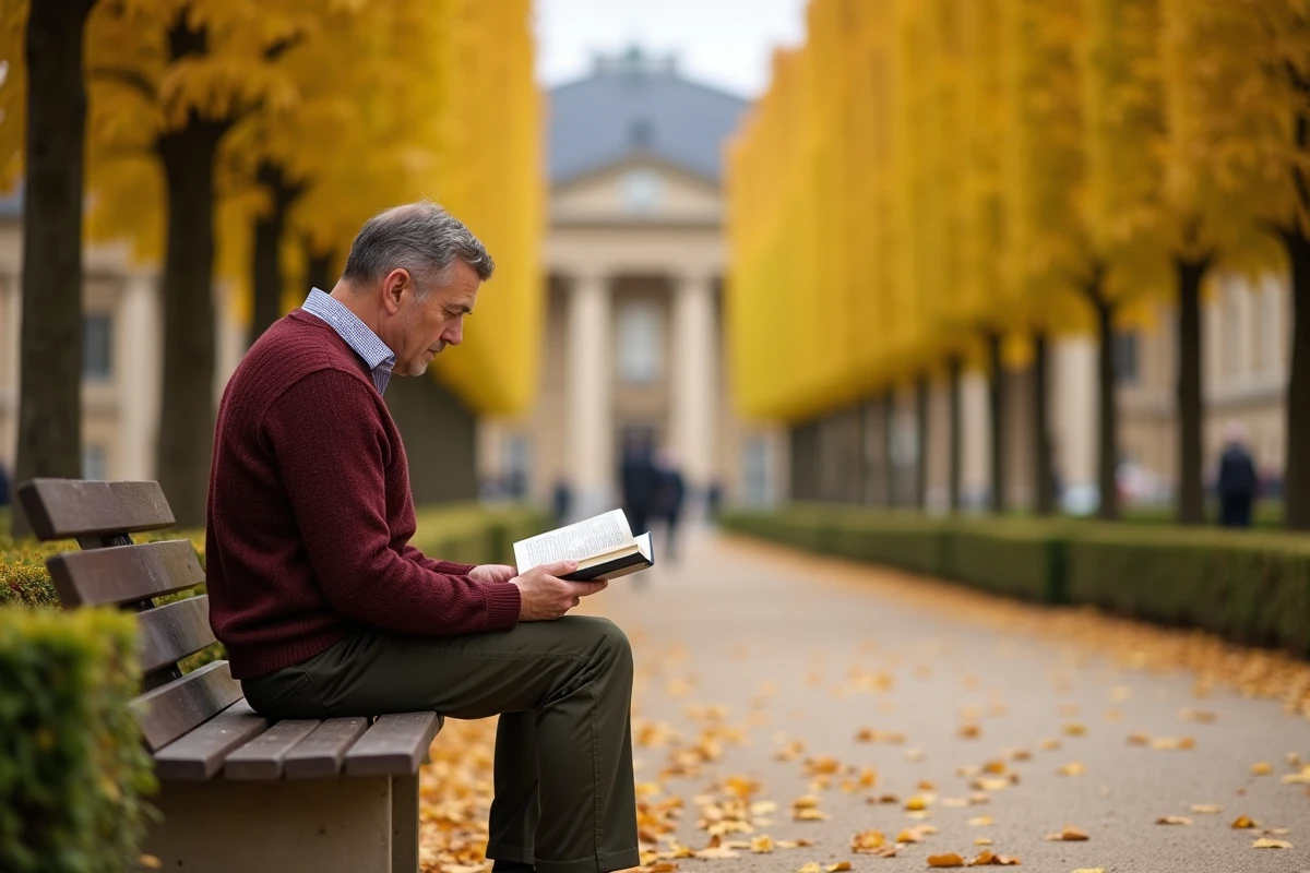 Homme lisant sur un banc au Jardin du Palais-Royal entouré de feuilles dorées en automne à Paris