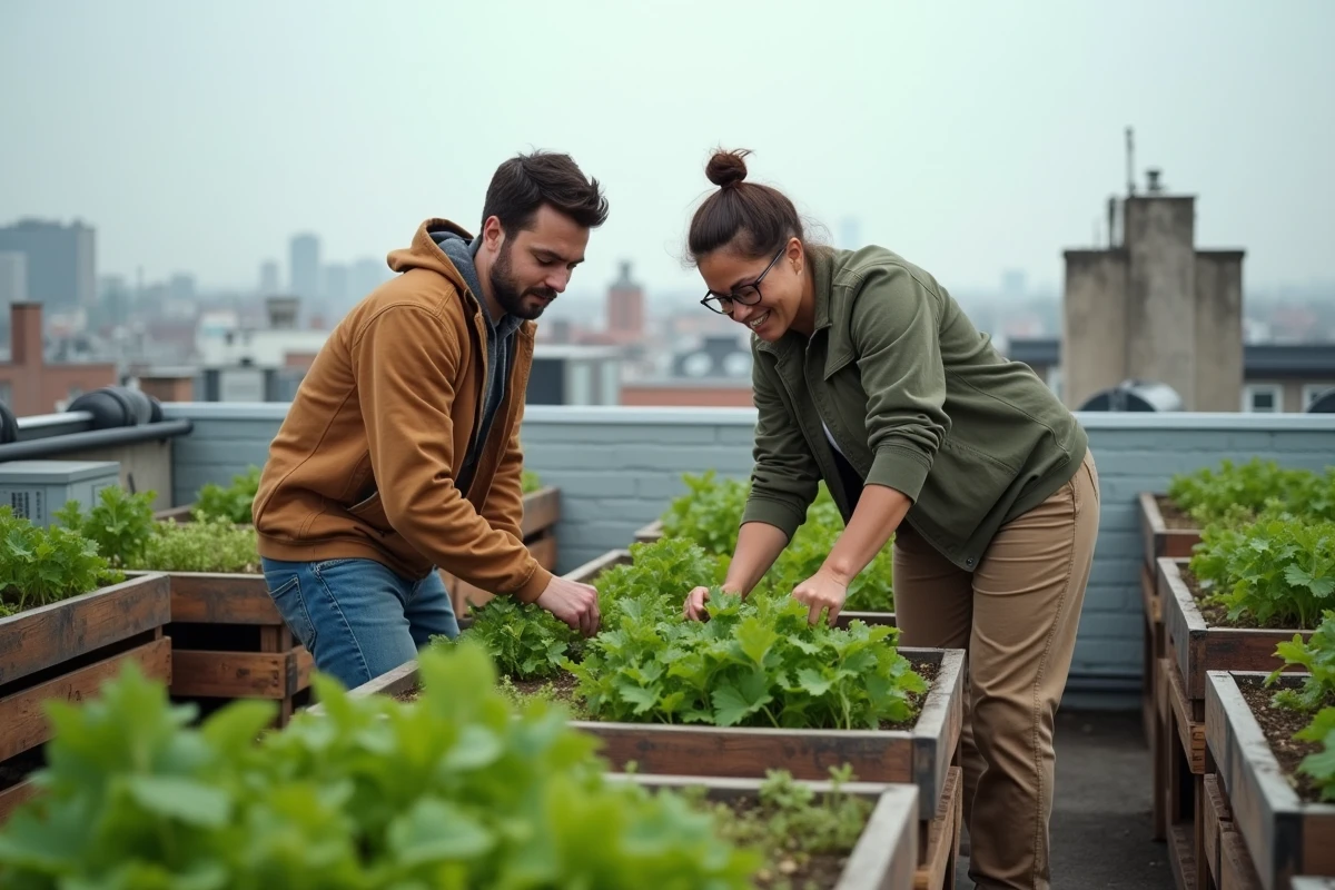 Jardin urbain sur toiture avec potager en palettes recyclées, représentant l'agriculture circulaire et le réemploi des matériaux