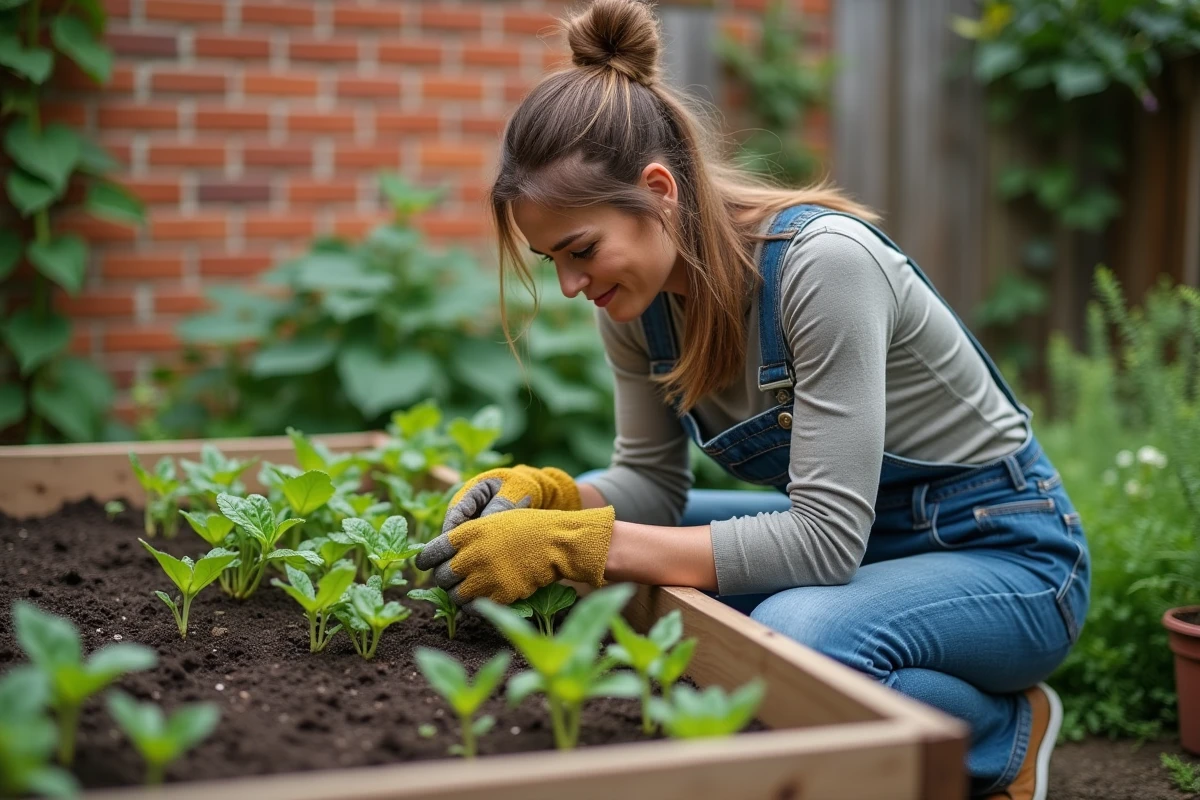 Femme jardinière examinant des jeunes plants dans un carré potager surélevé en bois de cèdre contre un mur orienté au sud