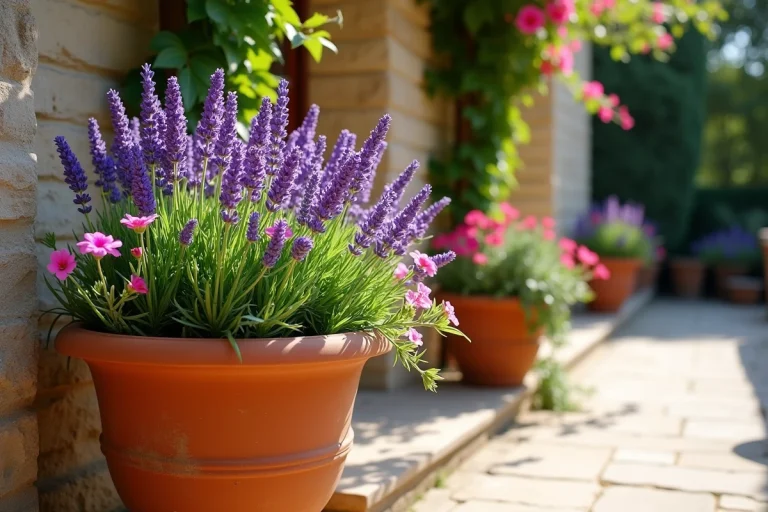 Jardinière en terre cuite pleine de lavande et de portulaca en plein soleil sur une terrasse méditerranéenne