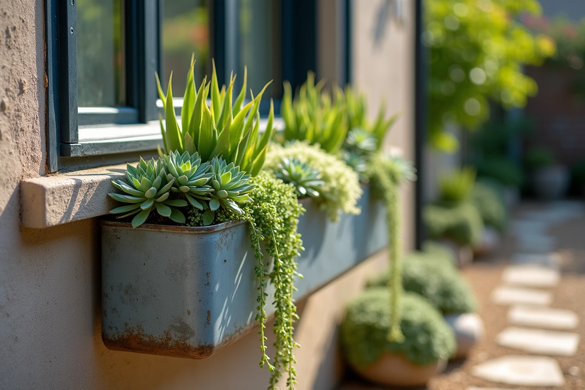 Jardinière en zinc avec des plantes succulentes et du sédum résistantes au soleil sur un muret de jardin