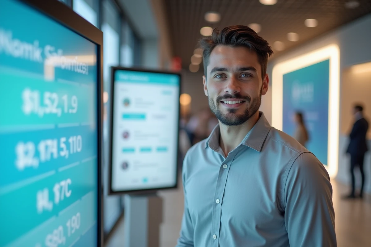 Jeune conseiller bancaire debout dans un hall d'agence moderne devant un écran numérique affichant des outils de simulation salariale