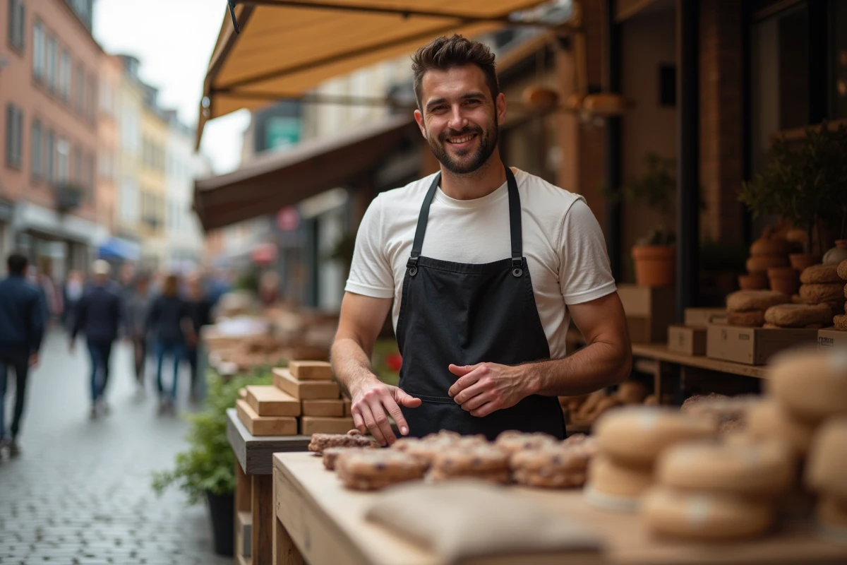 Jeune entrepreneur masculin tenant un stand de marché artisanal en plein air, représentant une idée simple et accessible pour démarrer une petite entreprise indépendante