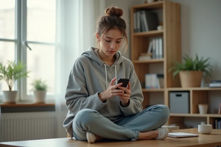Jeune femme pensive utilisant son smartphone sur un bureau, illustrant le débat sur l'impact des médias sociaux