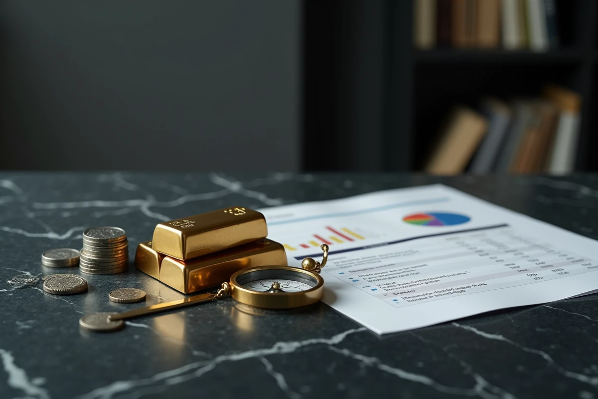 Lingots d'or, pièces d'argent et rapport d'investissement sur marbre noir symbolisant les stratégies de placement en période de stagflation