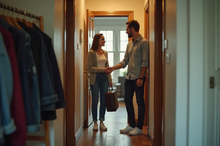 Locataire accueillant un proche dans son appartement en lui remettant une clé à l'entrée