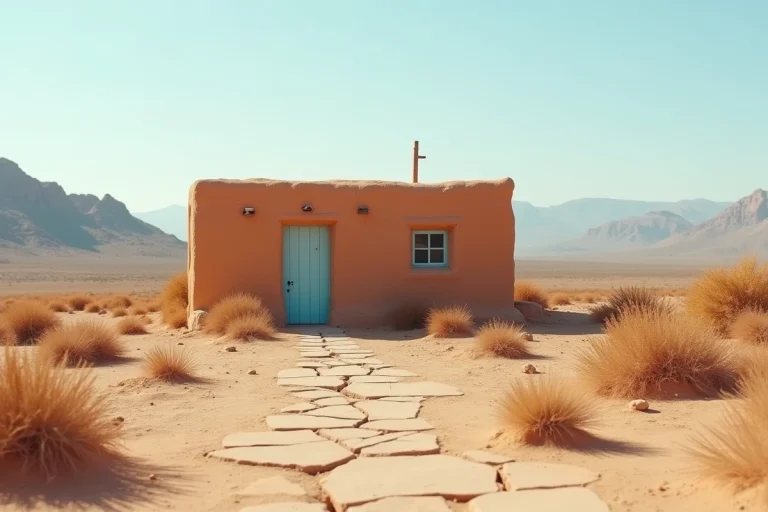 Petite maison en adobe bon marché construite en terre crue dans un paysage désertique rural