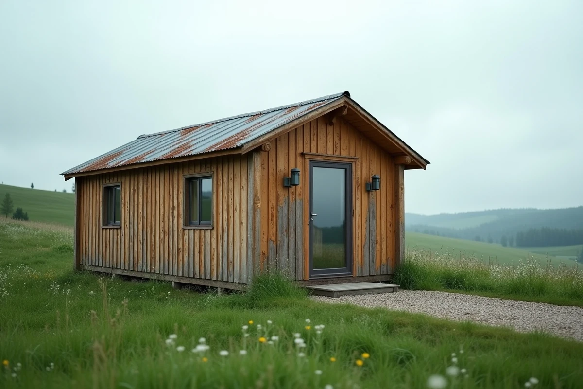 Petite cabane préfabriquée en bois économique au bord d'une prairie verte en milieu rural