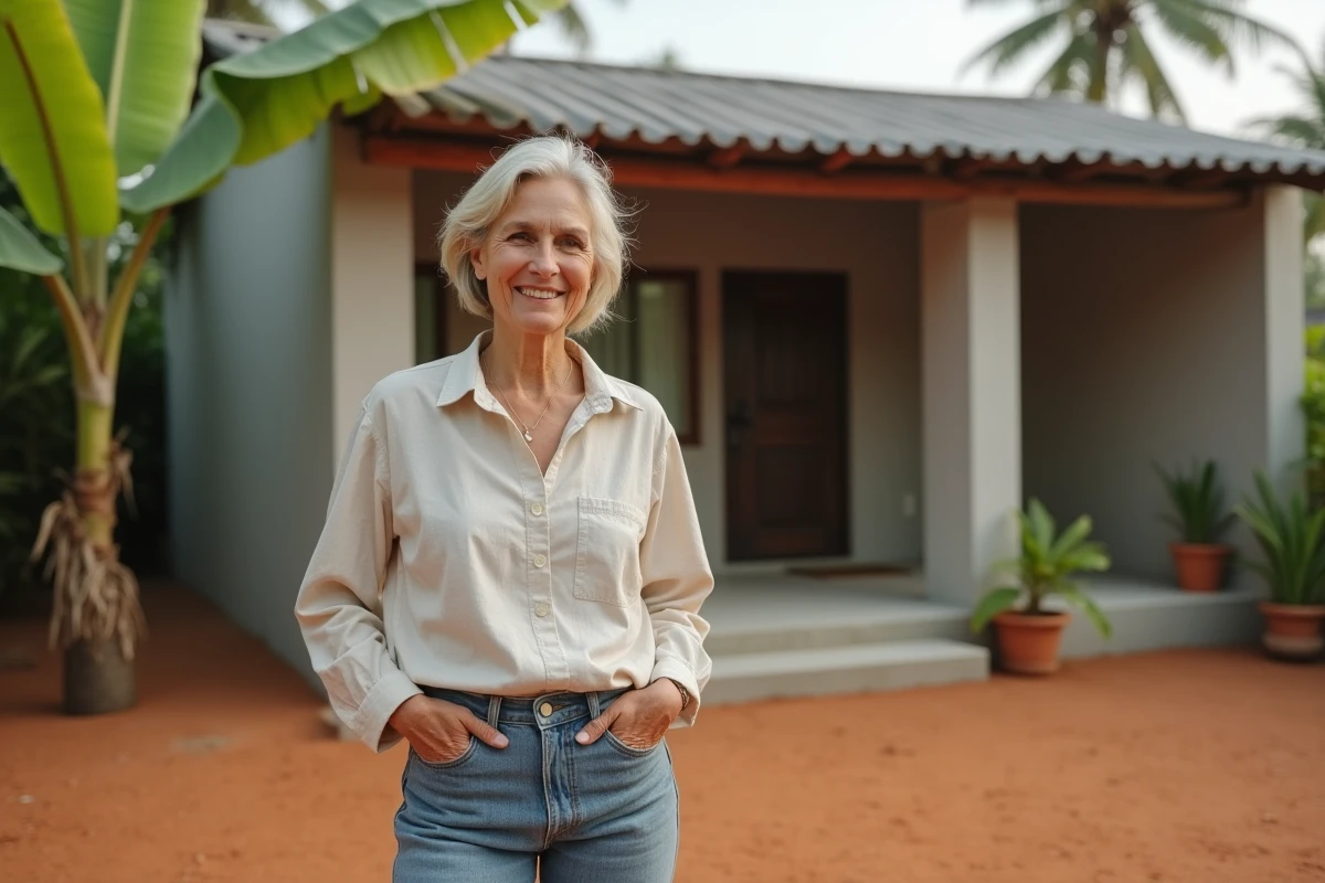 Femme propriétaire devant sa petite maison minimaliste en béton brut dans un environnement tropical