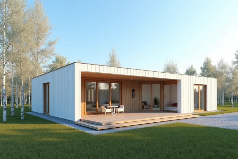 Maison préfabriquée moderne de plain-pied avec bardage blanc et grandes fenêtres en bois sur terrain résidentiel
