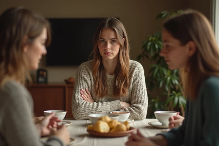 Jeune femme mal à l'aise lors d'un repas de famille, bras croisés et regard distant pendant que les autres conversent