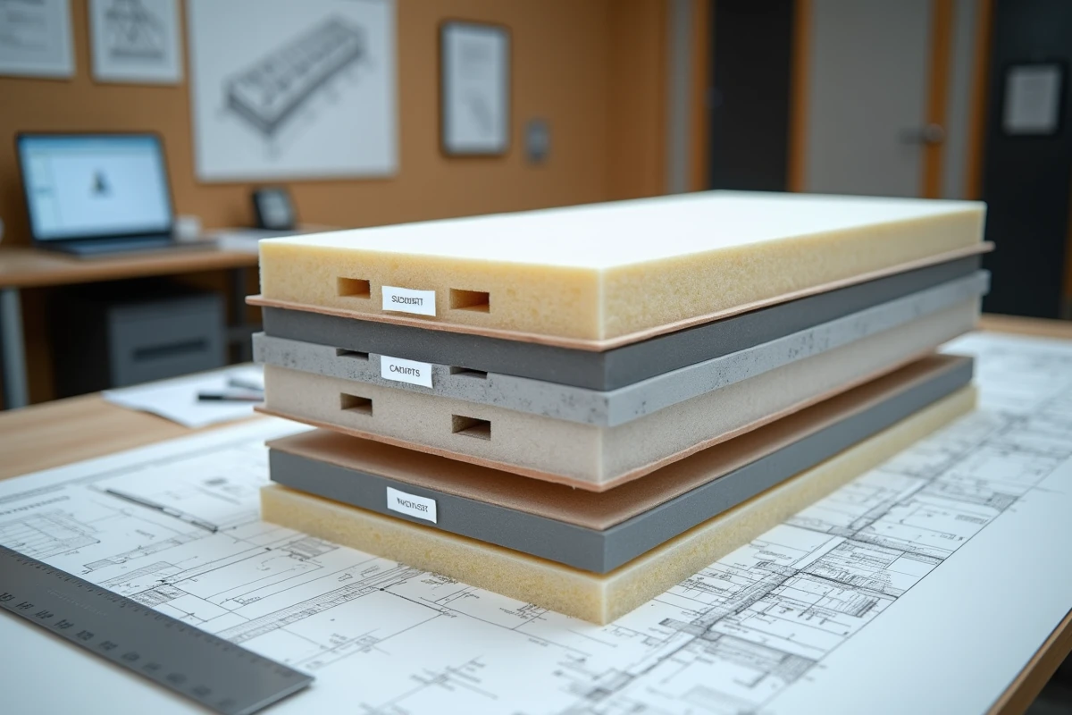 Maquette de coupe de mur isolé avec matériaux d'isolation thermique détaillés sur une table de bureau technique de construction
