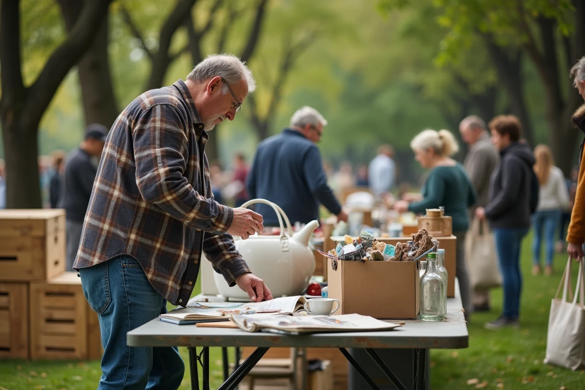 Homme proposant des objets lors d'un marché d'échange communautaire illustrant la consommation collaborative